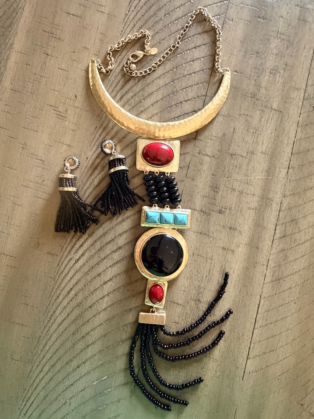 Chico’s Gold Tone Statement Necklace Earrings Set Black Red Turquoise - Picture 9 of 10